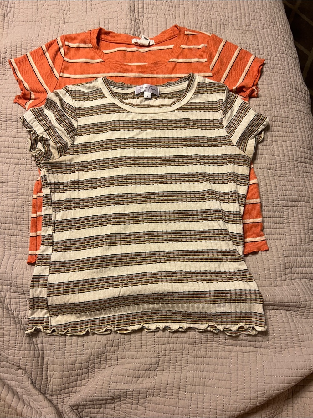 2 Girls shirts Striped Ruffle Hem Tee - Cream & Brown & Orange striped tee